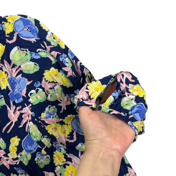 Talbots Top Womens Large Black Yellow Blue Long Sleeve Split Neck Pullover Flora - Picture 6 of 10